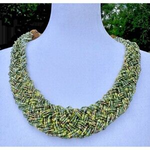 Olive Green Seed Bead Multi Strand Necklace Twisted Statement Collar 23 Inch